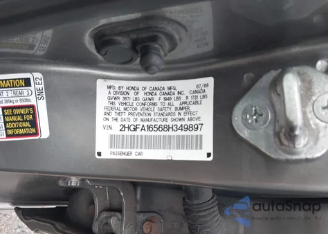 2008 Honda Civic Lx из США, поврежденный, VIN 2HGFA16568H349897